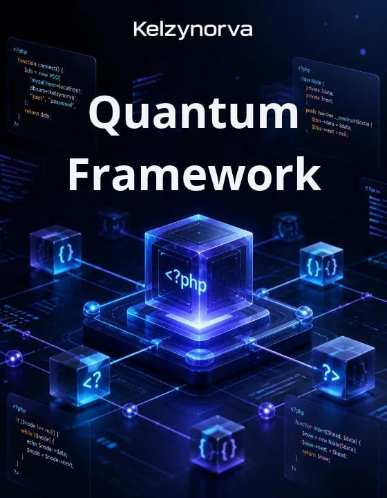 Digital cover graphic for 'Quantum Framework' by Kelzynorva , featuring a glowing blue central cube with PHP code syntax and connected futuristic tech nodes on a dark background.