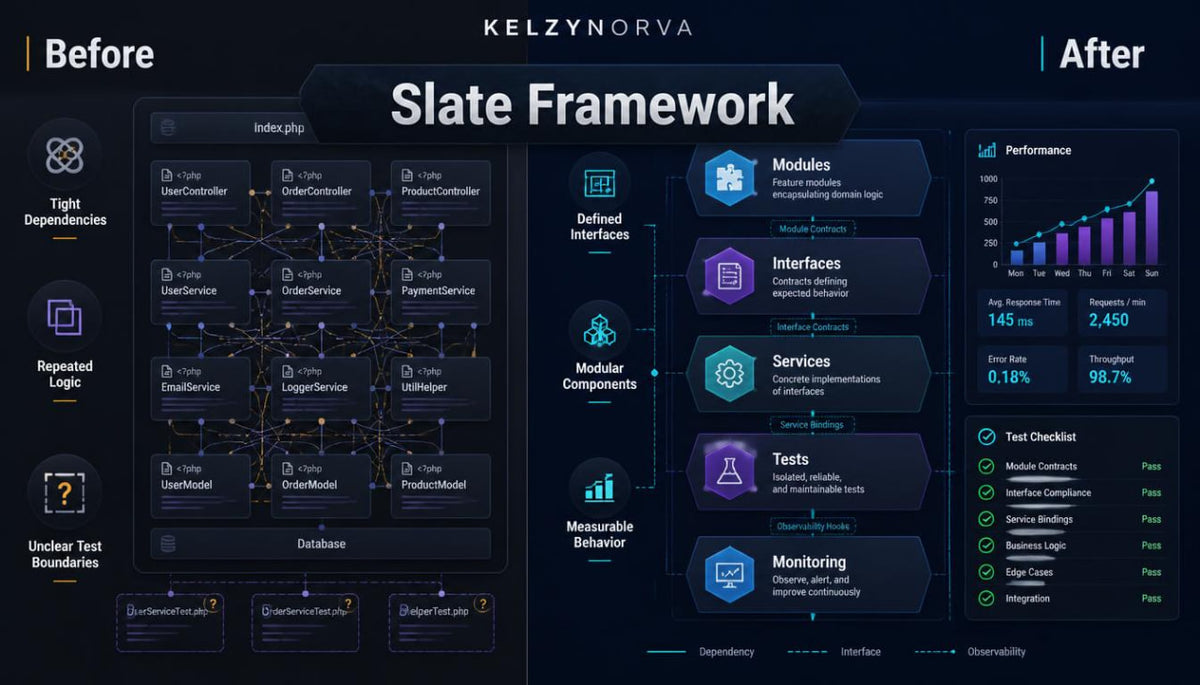 A dark software dashboard graphic titled 'Slate Framework' with before/after comparison panels, UI components, performance charts, and the Kelzynorva brand at the top.