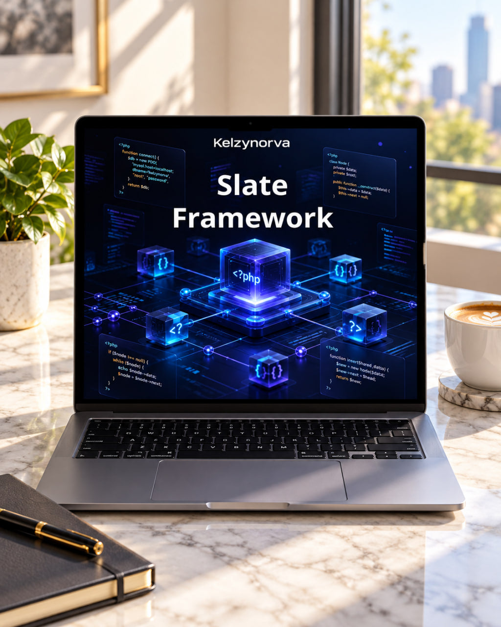 A silver laptop sits open on a marble desk in a bright office setting, displaying a dark blue digital interface with the text 'Kelzynorva Slate Framework.' A coffee cup, notebook, and pen are nearby, with a blurred cityscape visible through the window behind.