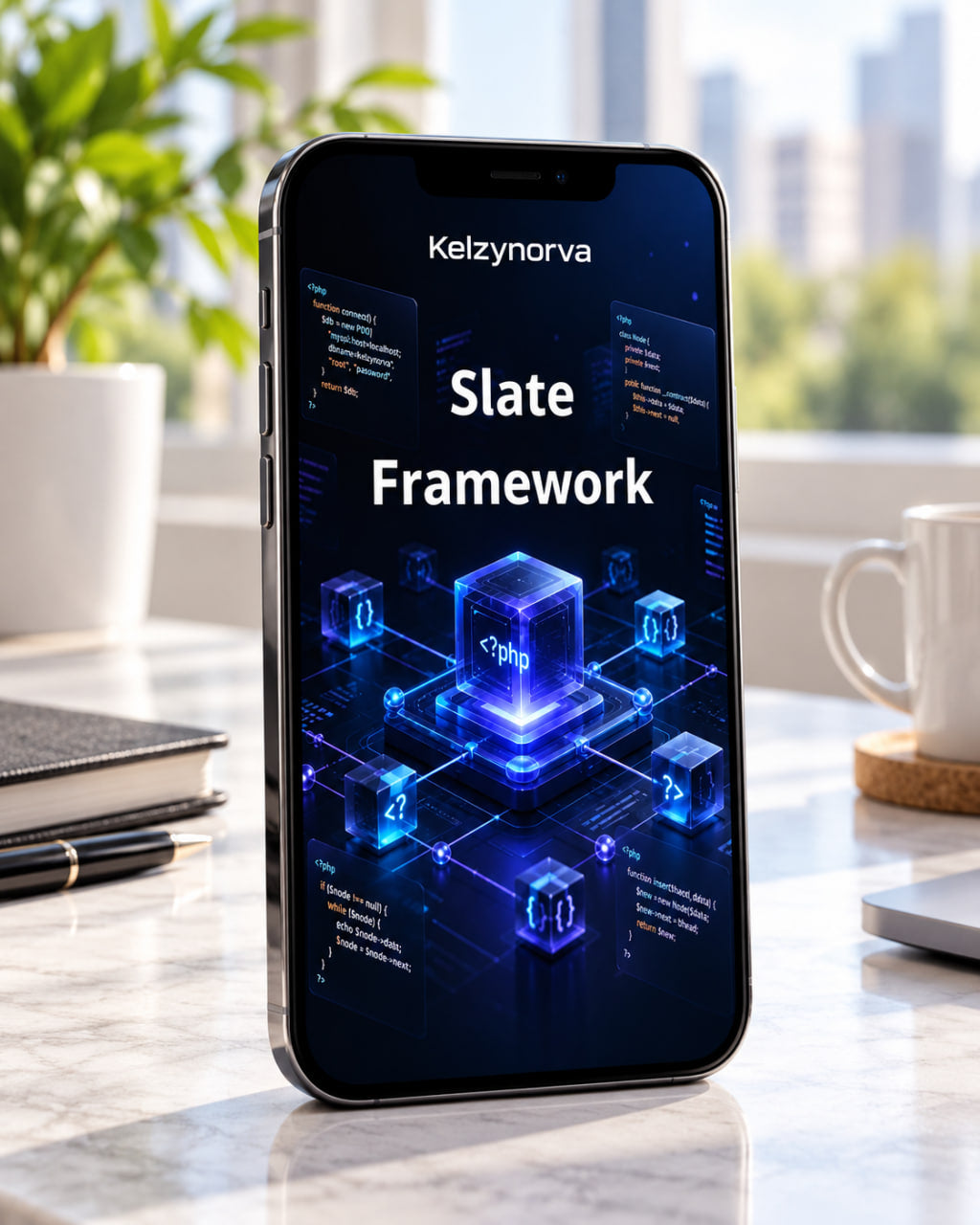 A smartphone standing upright on a marble desk in a bright office setting, displaying a blue and black digital interface with the text 'Kelzynorva ' and 'Slate Framework'.