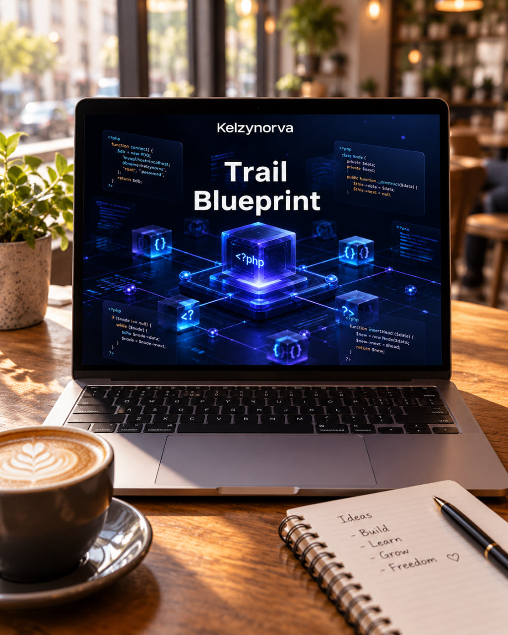 A laptop on a wooden table in a cafe setting, displaying a digital course or guide titled 'Trail Blueprint' by Kelzynorva on its screen. A cup of latte, a small potted plant, and a spiral notebook with a pen are arranged on the table in the foreground.