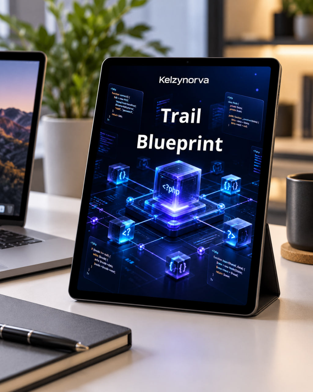 A tablet on a desk stand displaying a digital blueprint cover titled 'Trail Blueprint' with the brand name 'Kelzynorva ' at the top. The tablet is shown in a modern office setting with a laptop, notebook, and plant in the background.