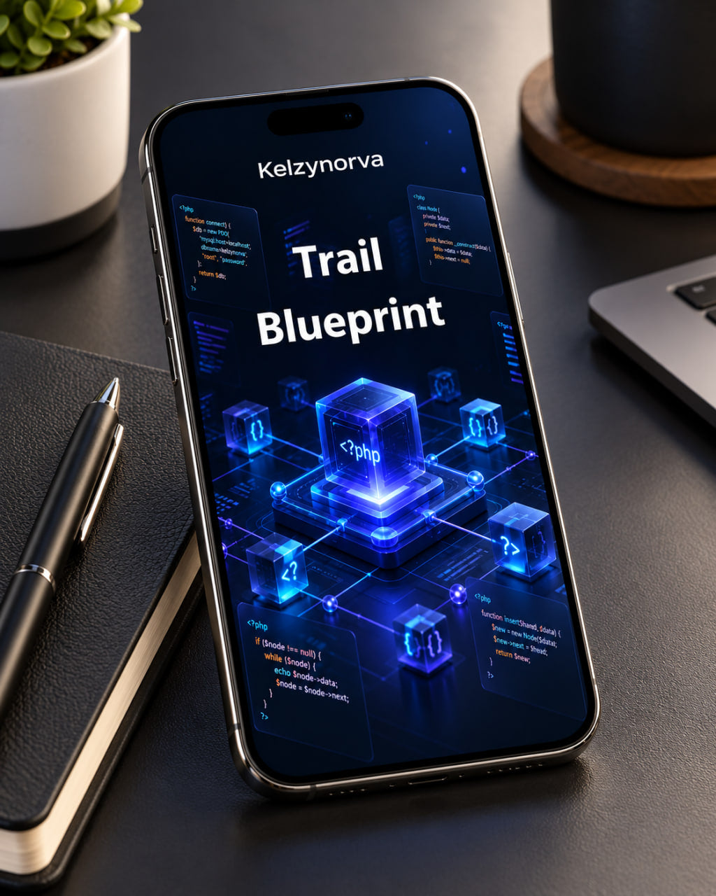 A smartphone lying on a dark desk, displaying a futuristic blue digital interface titled 'Trail Blueprint' with glowing block graphics. A pen, notebook, plant, and part of a laptop are visible around it in a styled workspace setting.