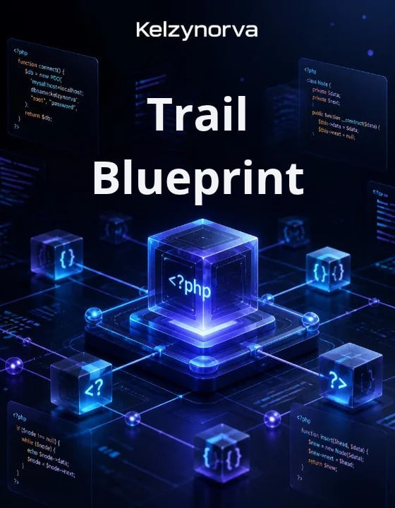 Digital cover art for 'Trail Blueprint' by Kelzynorva , featuring a glowing blue central cube with PHP syntax inside, surrounded by floating code panels on a dark tech-themed background.