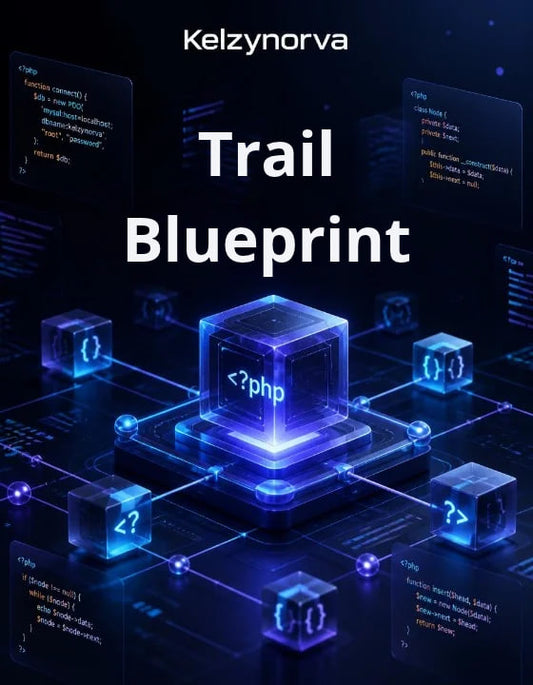 Digital cover art for 'Trail Blueprint' by Kelzynorva , featuring a glowing blue central cube with PHP syntax inside, surrounded by floating code panels on a dark tech-themed background.