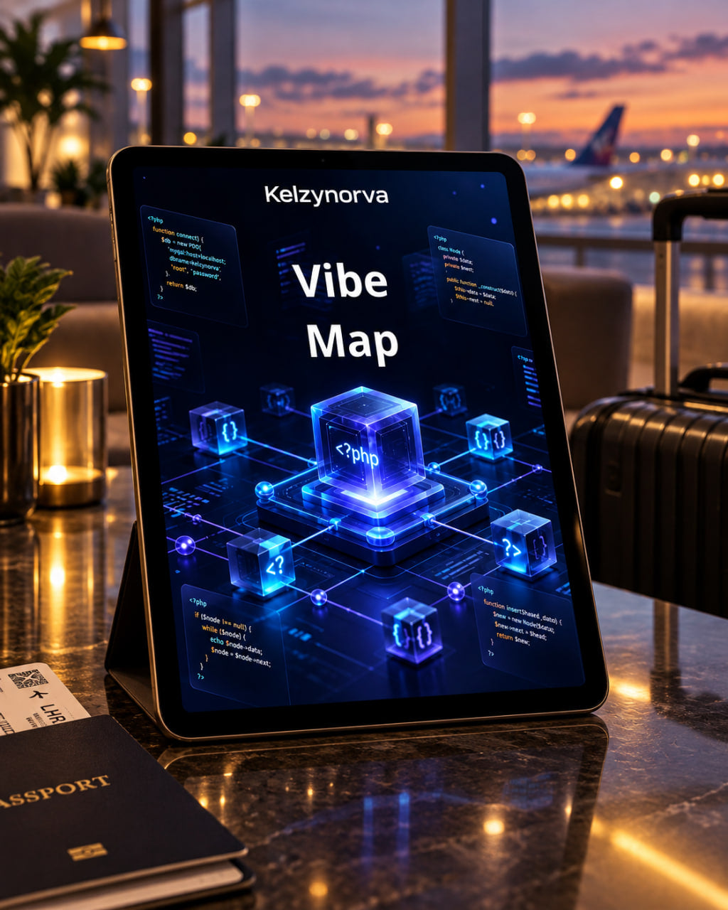A tablet on a polished desk in a travel lounge at dusk, displaying a glowing blue digital map titled "Vibe Map" with the brand name "Kelzynorva " at the top. A passport, small plant, candle, and suitcase are visible around it.