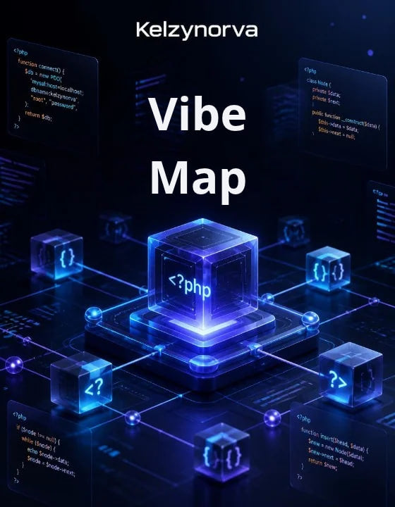 Digital graphic with the text 'Kelzynorva ' at the top and 'Vibe Map' in large white letters over a futuristic blue tech illustration featuring glowing cubes, code snippets, and network lines on a dark background.