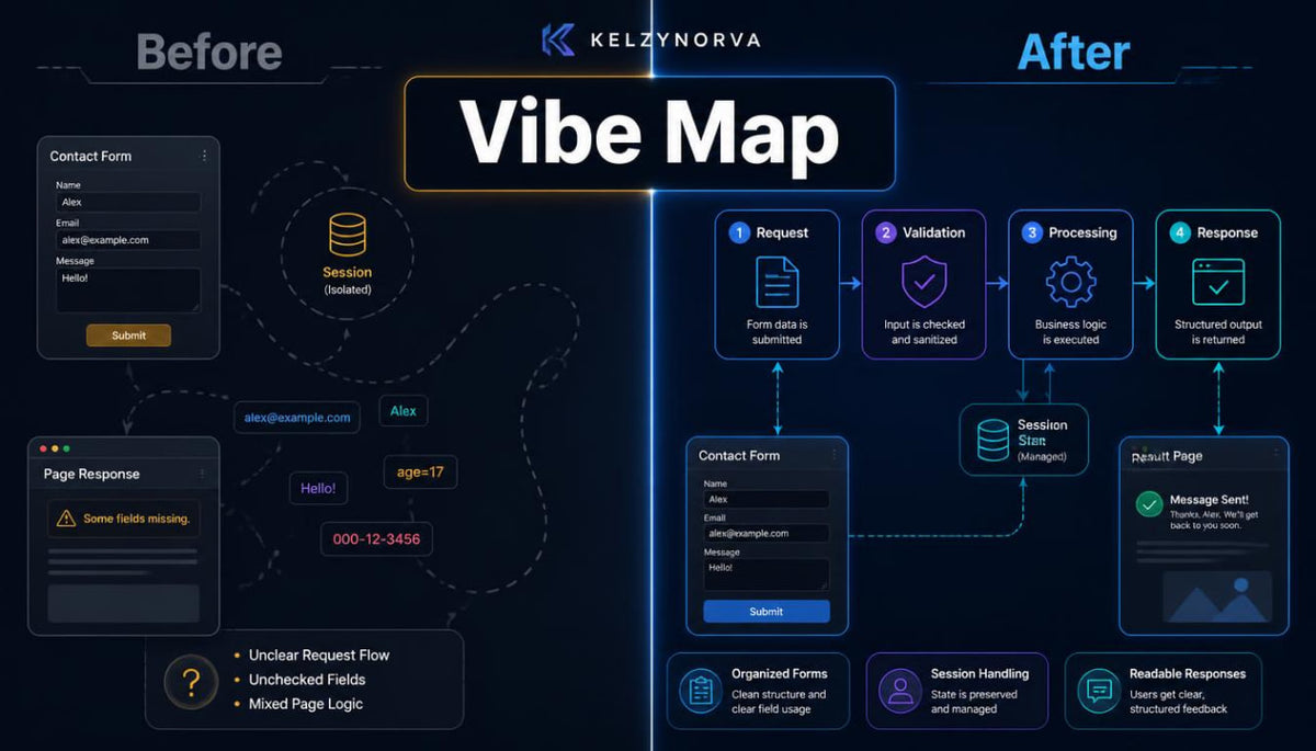 A digital infographic titled 'Vibe Map' by Kelzynorva , comparing a 'Before' state with an 'After' state for a contact form application. The left side shows a basic contact form with placeholder fields and a database icon, while the right side displays a detailed workflow diagram with purple and blue icons representing validation, processing, and response steps.